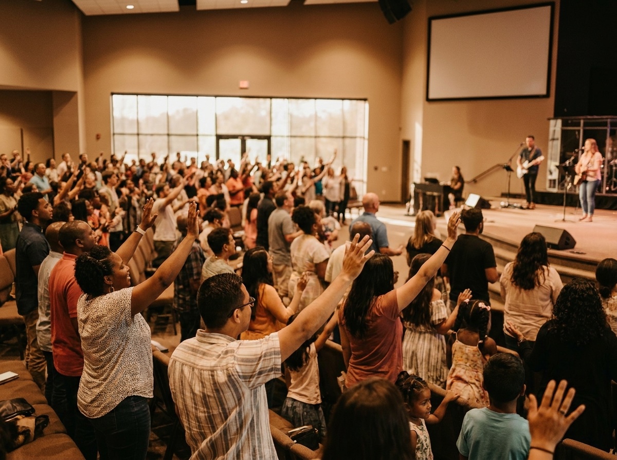 A church congregation worshipping together